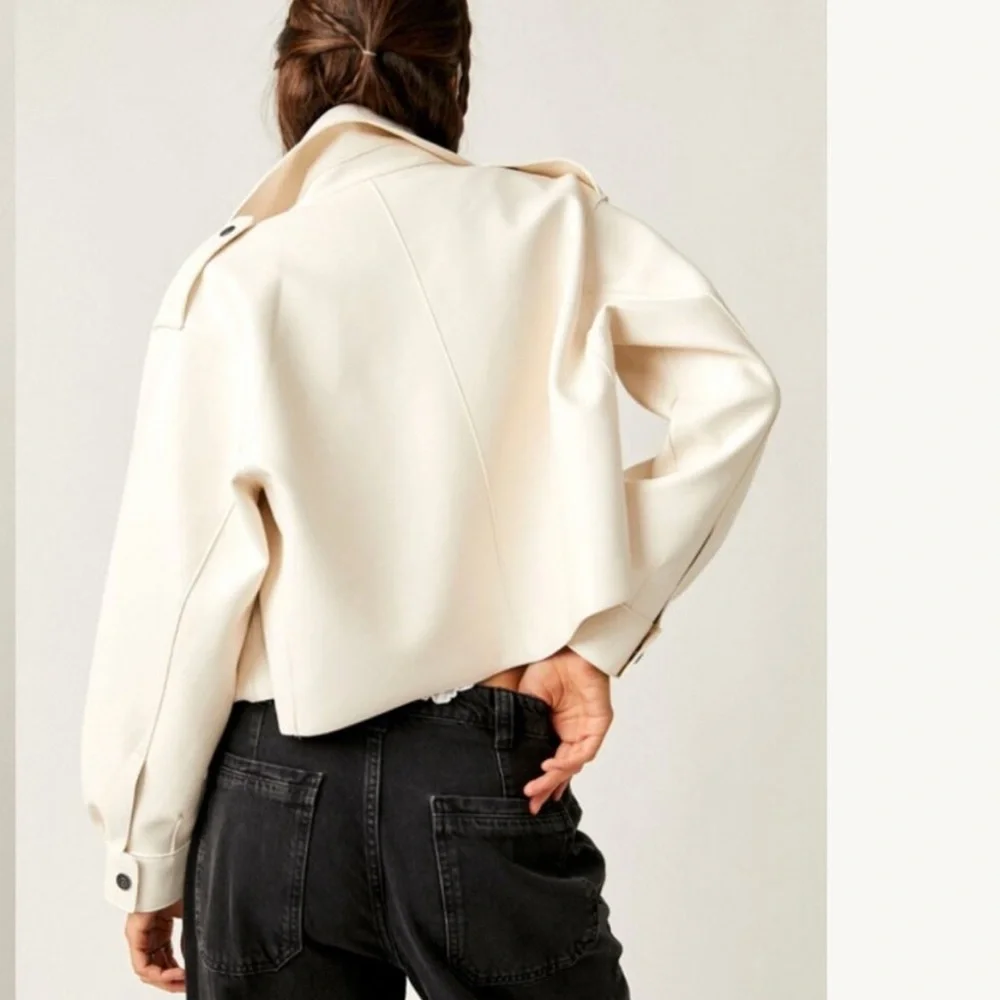 Free People Alexis Vegan Leather Moto Jacket NWT Cream White Boxy - Picture 10 of 16